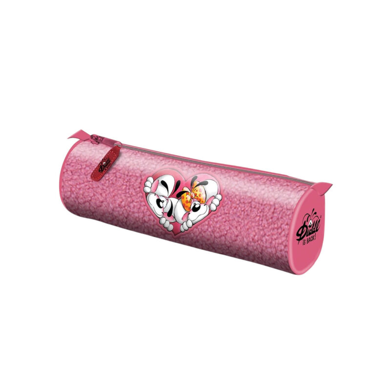 Trousse Peluche Diddl Rose & Moumoute, trousse cylindrique rose avec motif cœur.
