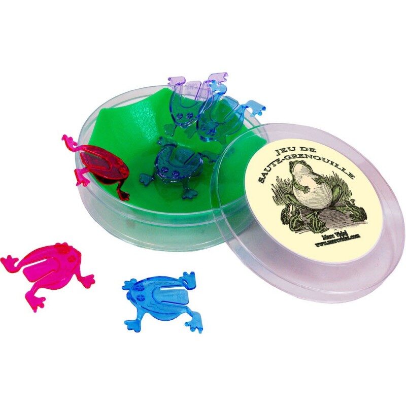 Jeu de Saute-Grenouille : grenouilles colorées en plastique dans une boîte ronde.