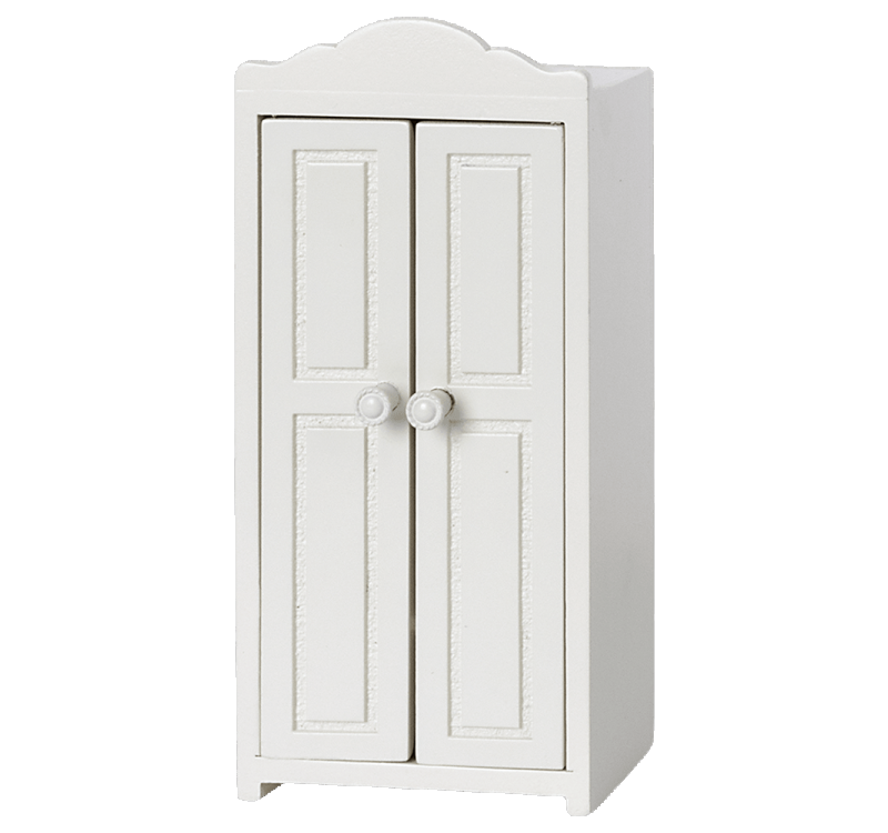 Armoire en bois pour souris, blanche avec deux portes et poignées rondes.