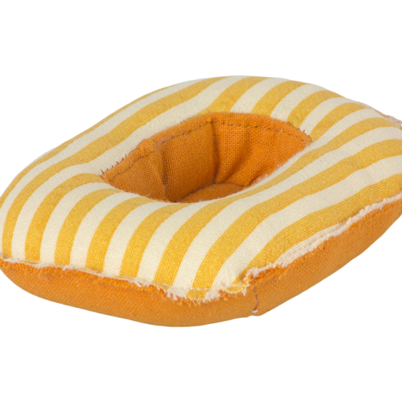 Bateau pneumatique Petite Souris avec rayures jaunes et blanches, jouet flottant.