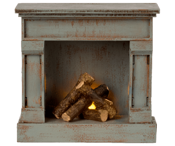 Miniature Fireplace - Vintage Blue : cheminée miniature bleue vintage avec bûches décoratives