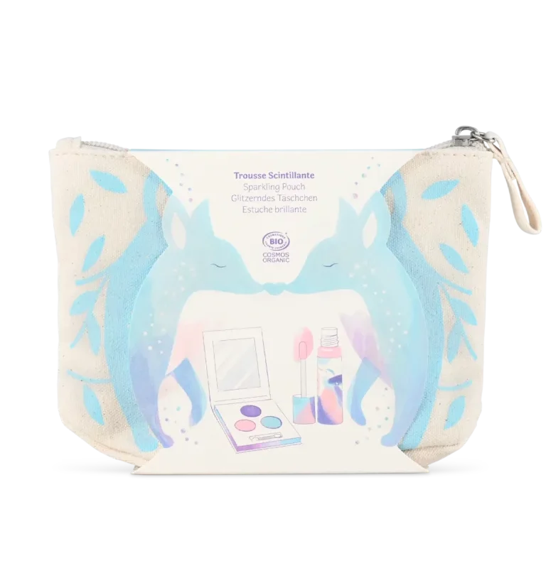 Trousse de maquillage Renard bleu avec illustration de renards et produits cosmétiques.