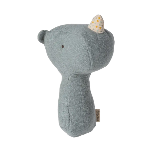 Hochet Lullaby Friends - Rhino (bleu dusty) en tissu doux, jouet bébé