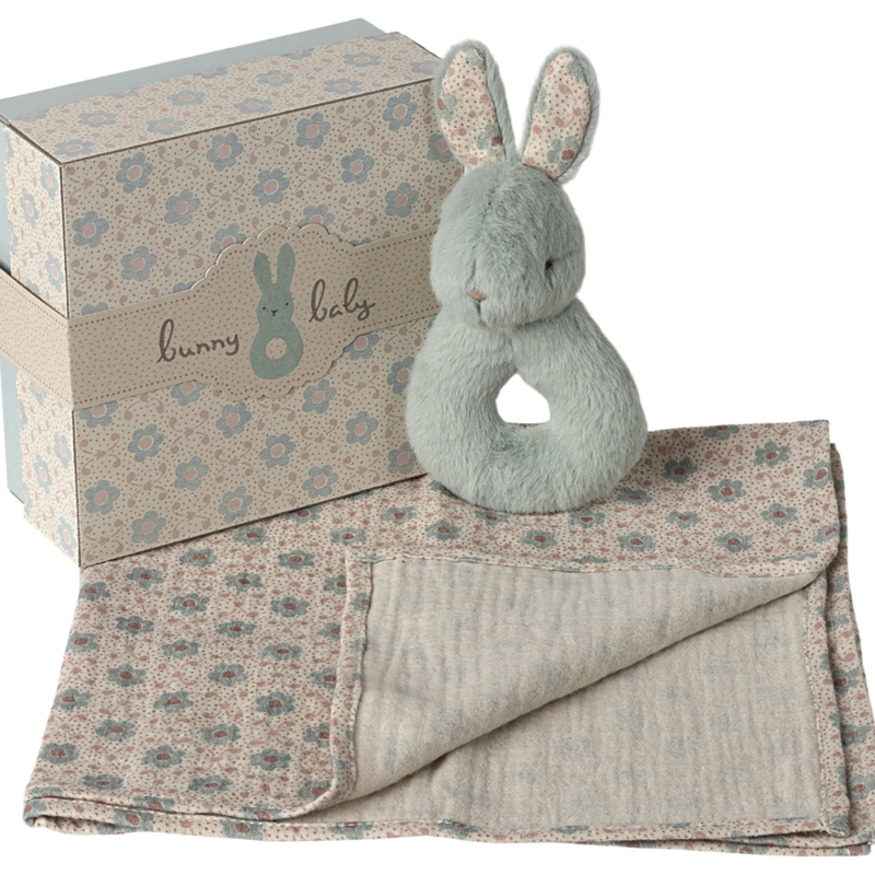 Coffret Hochet Lapin - Menthe avec hochet en peluche et couverture fleurie