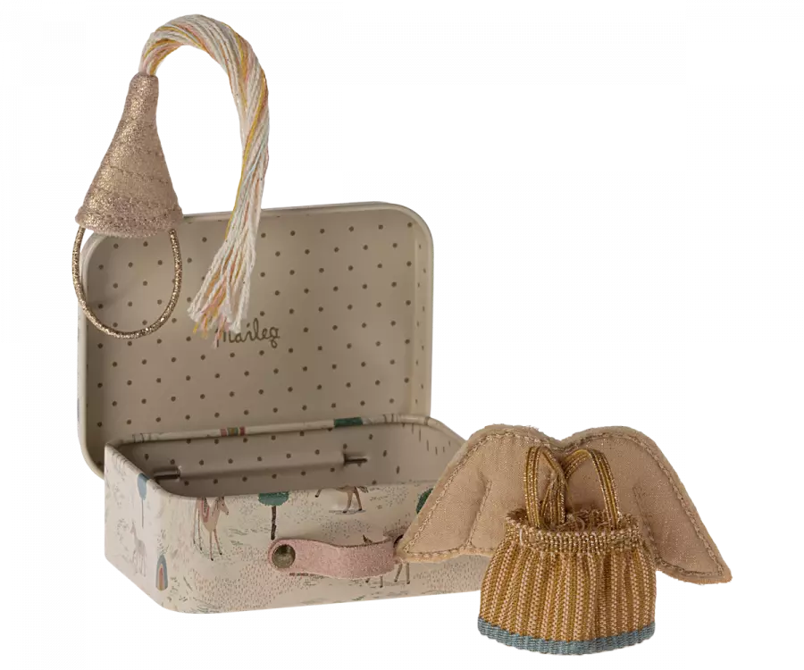 Tenue de fée pour petite sœur souris avec chapeau et ailes dorées, boîte décorative
