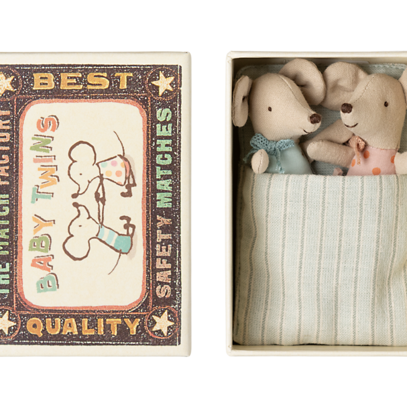 Jumeaux Bébés Souris dans Boîte d'Allumettes, jouets en peluche adorables