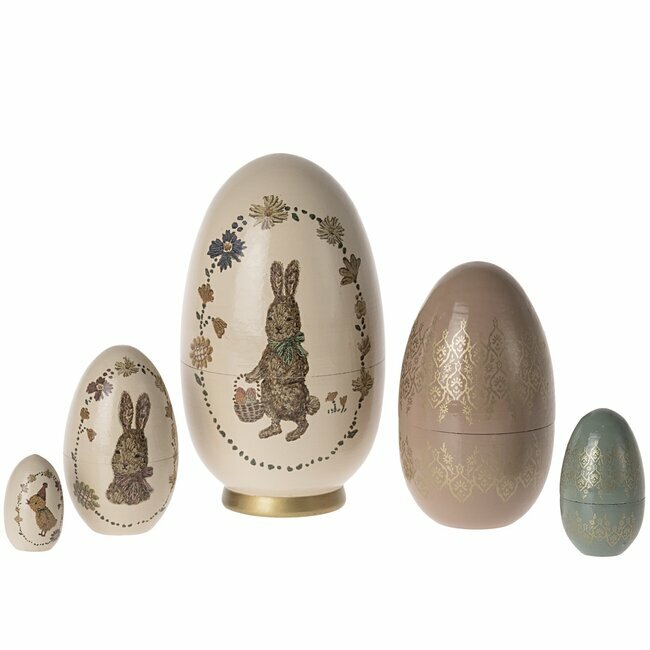 Lot de 5 Œufs de Pâques Babushka Maileg, décorés avec motifs lapins, tailles variées