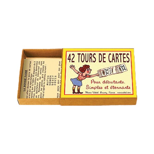 42 tours de cartes, boîte ouverte avec instructions visibles, magie débutant