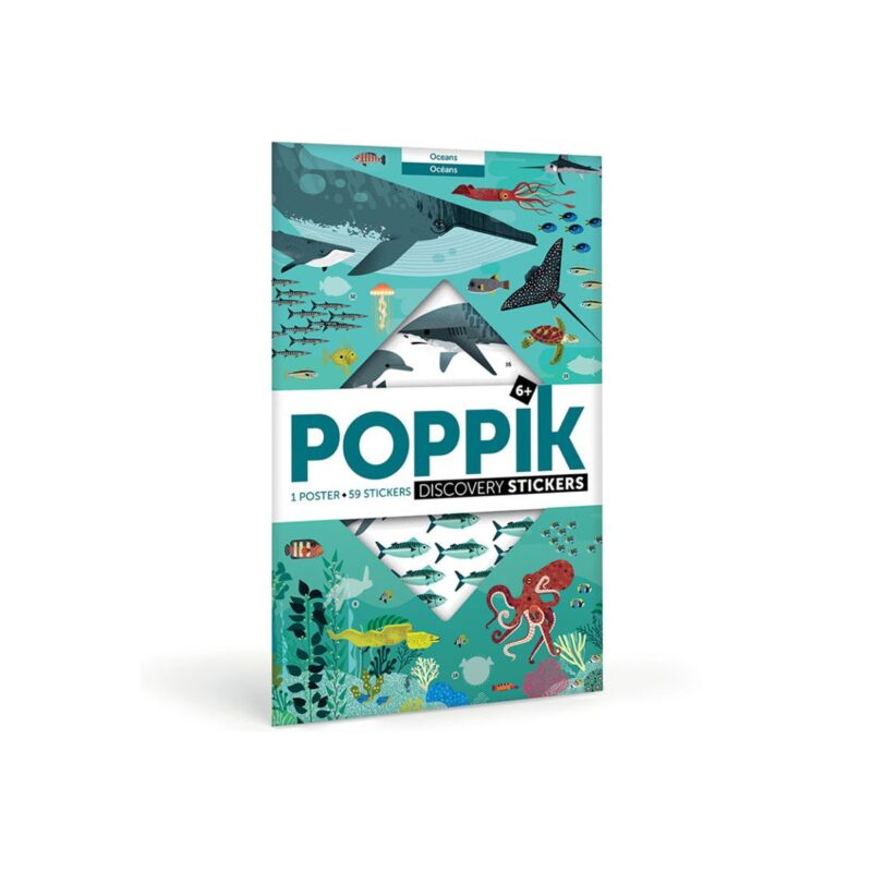 Poster et Stickers Océans avec illustrations marines colorées, idéal pour enfants.