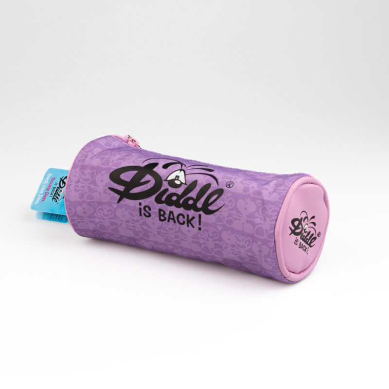 Trousse Diddl violette cylindrique avec logo et texte 'is back', trousse scolaire