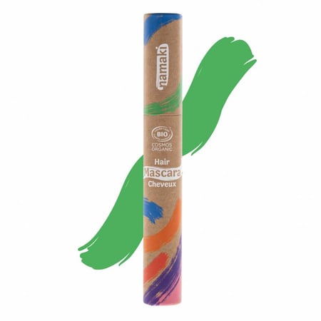 Mascara Cheveux Vert, tube coloré avec étiquette bio, cosmétique capillaire