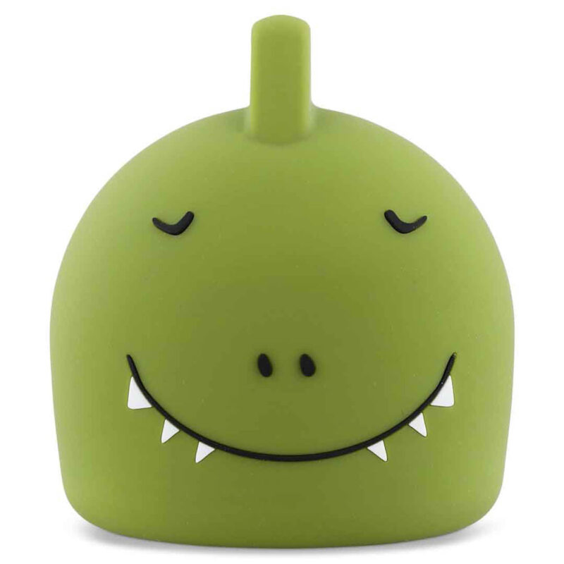 Veilleuse en forme de dinosaure vert, yeux fermés, sourire apaisant.