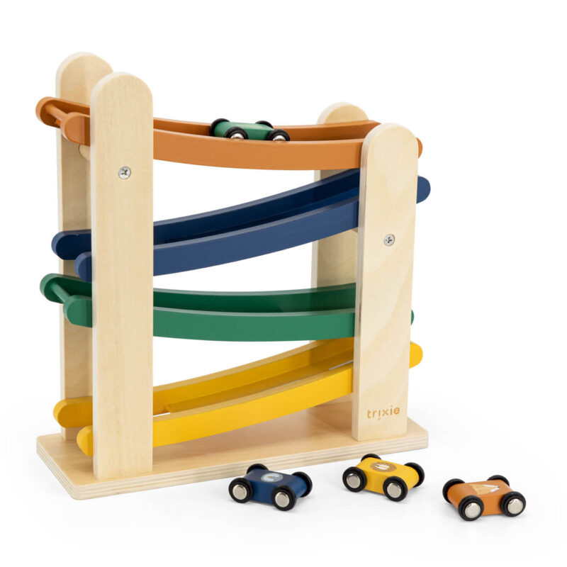 Rampe de course en bois avec 4 voitures colorées, jouet éducatif en bois.