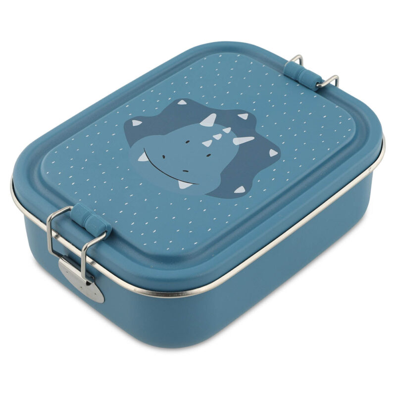 Boîte repas petite bleue avec motif dinosaure, idéale pour enfants.