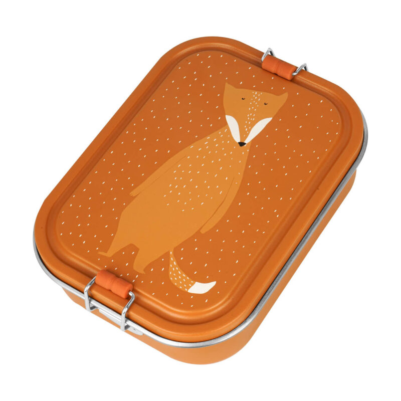 Boîte repas grande avec motif de renard, couleur orange, fermetures métalliques.