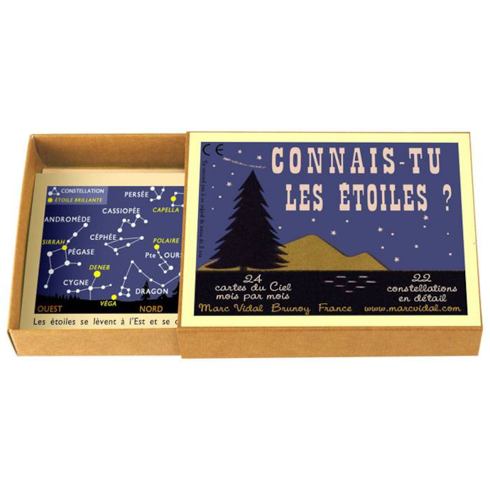 Petit jeu 'Connais-tu les étoiles?' avec cartes des constellations et ciel étoilé