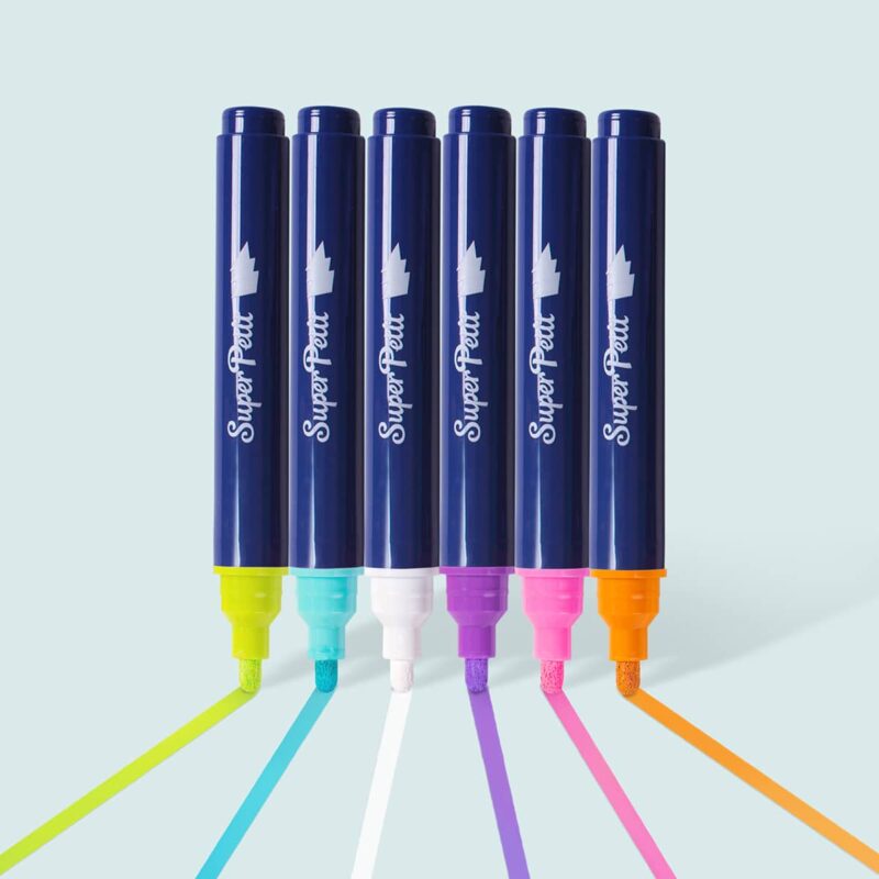 6 Feutres Effaçables pour Vitres et Miroirs, couleurs vives, pointe fine