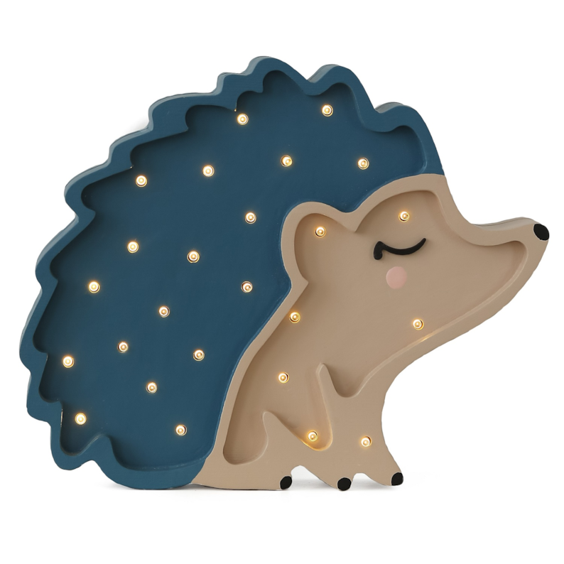 Lampe veilleuse hérisson bleu avec lumières LED intégrées, design enfantin.