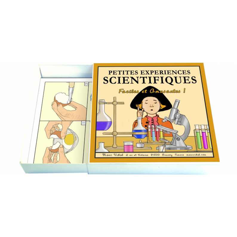 Petites expériences scientifiques, boîte ouverte avec illustrations d'expériences et matériel éducatif