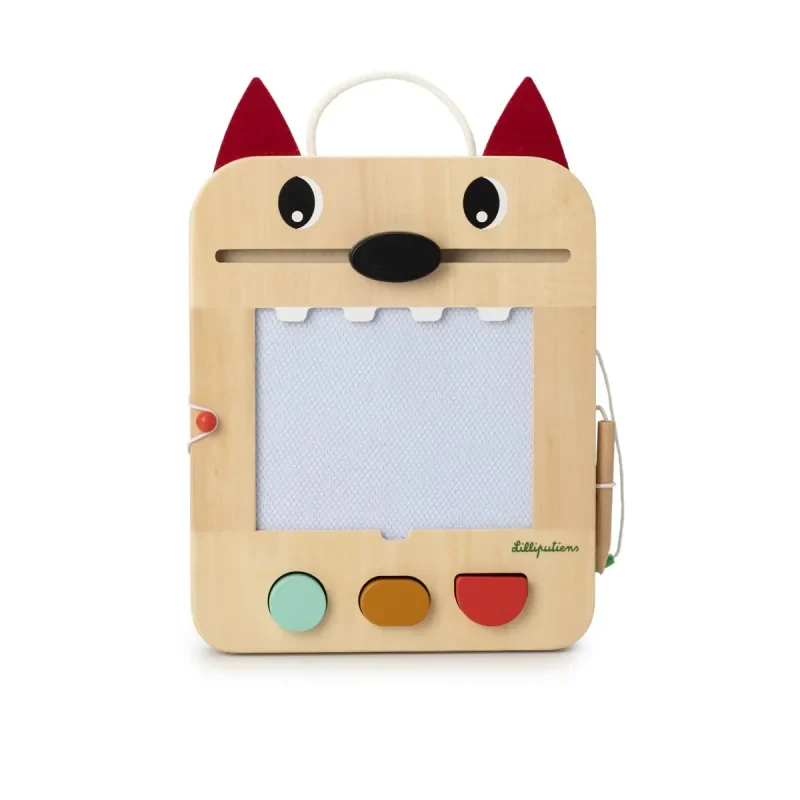 Ardoise Magique Louis le Loup en bois avec boutons colorés, jouet éducatif