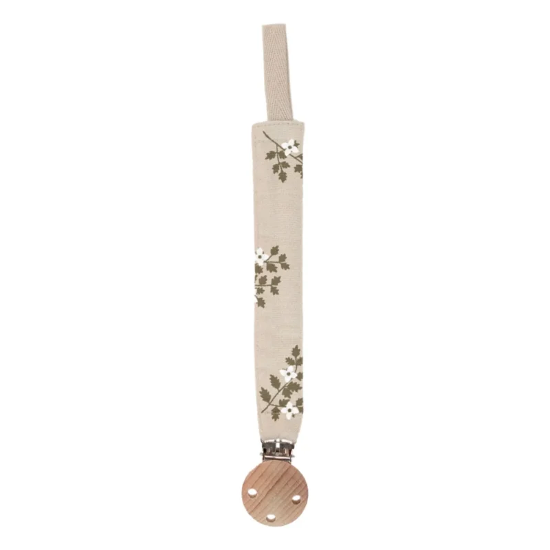 Attache-tétine en tissu beige avec motif floral et clip en bois, accessoire bébé