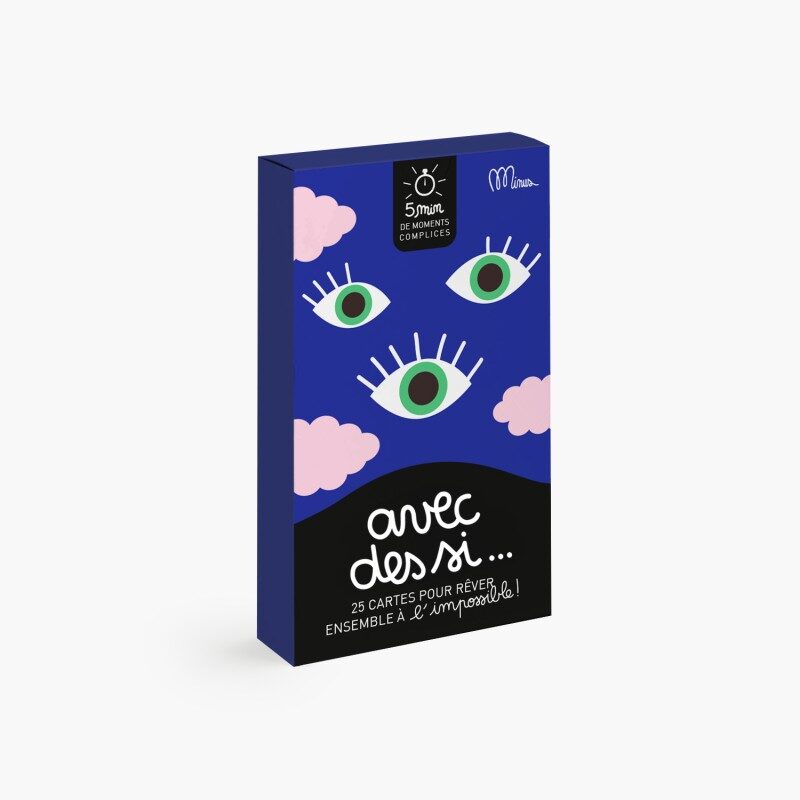 Avec des Si... 5 min de moments complices, boîte de cartes avec design coloré et yeux.