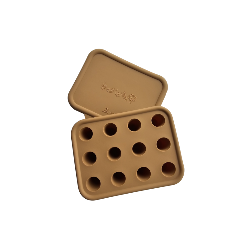 Bac à glaçons en silicone marron avec couvercle, 12 compartiments ronds