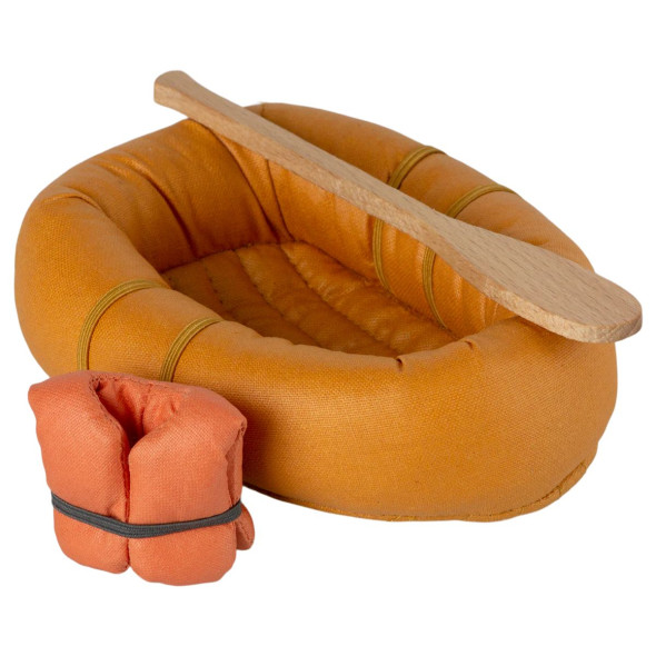 Bateau pneumatique avec gilet et rame, couleur orange, pour loisirs nautiques.