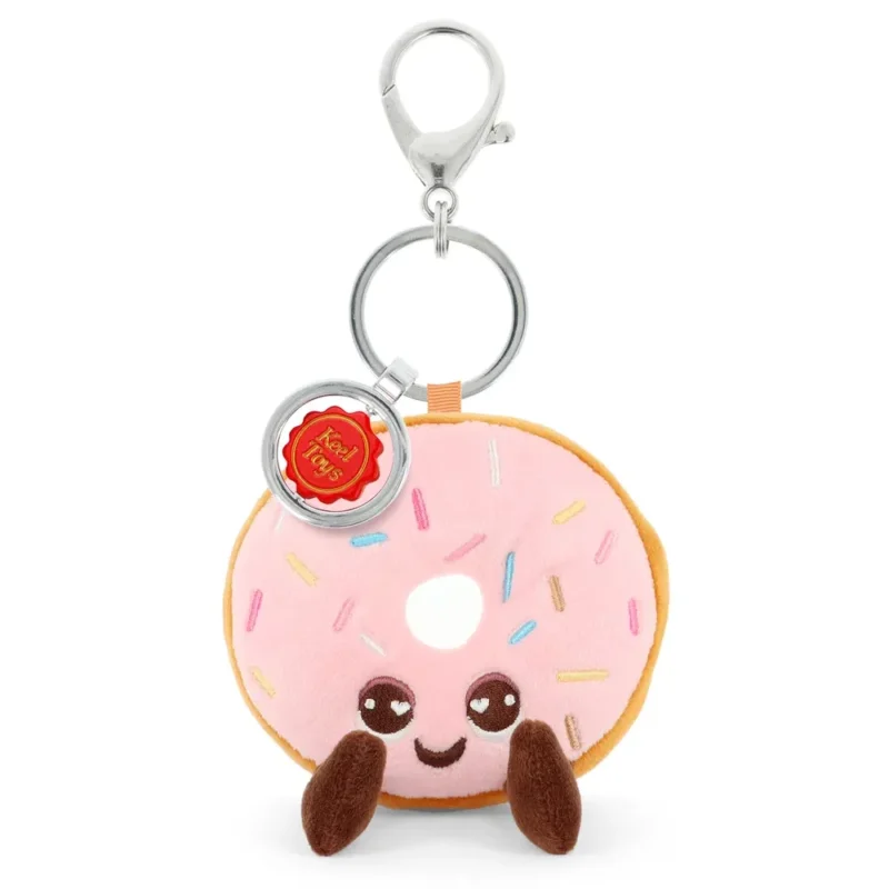 Porte-clés Peluche KeelEco Donut 12cm avec glaçage rose et visage souriant