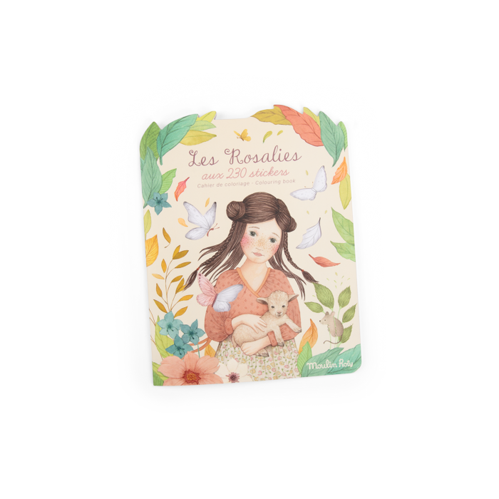 Cahier 230 stickers Les Rosalies - Moulin Roty, illustration colorée de fille et feuilles.
