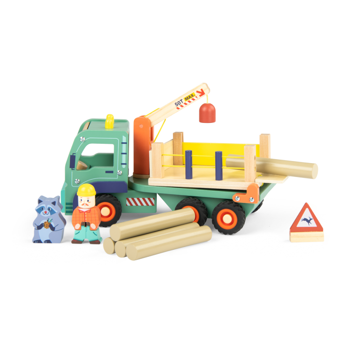 Camion Forestier Avenue du Moulin avec grue et rondins en bois, jouet éducatif