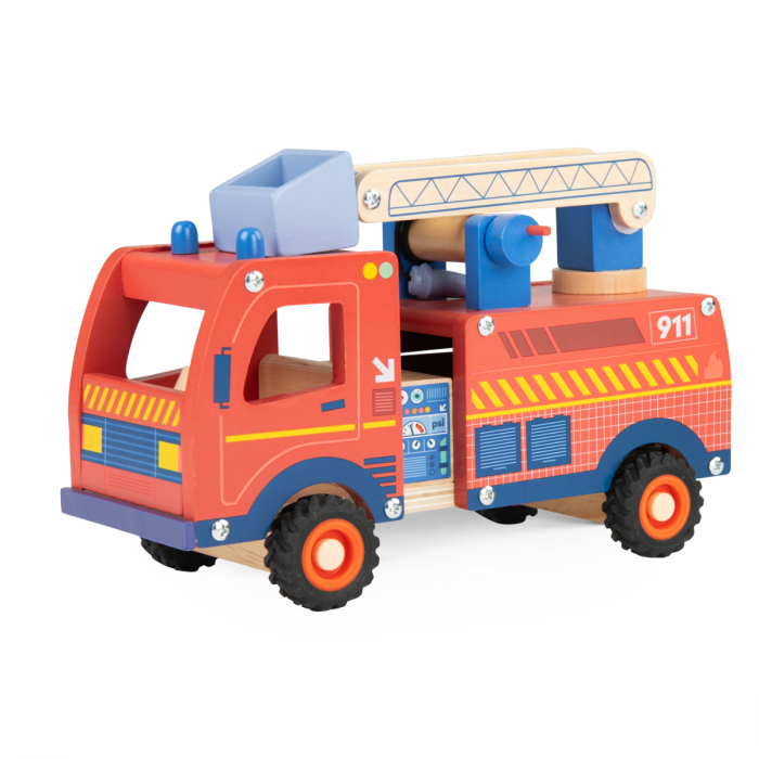 Camion de pompier Avenue du Moulin en bois coloré avec échelle mobile