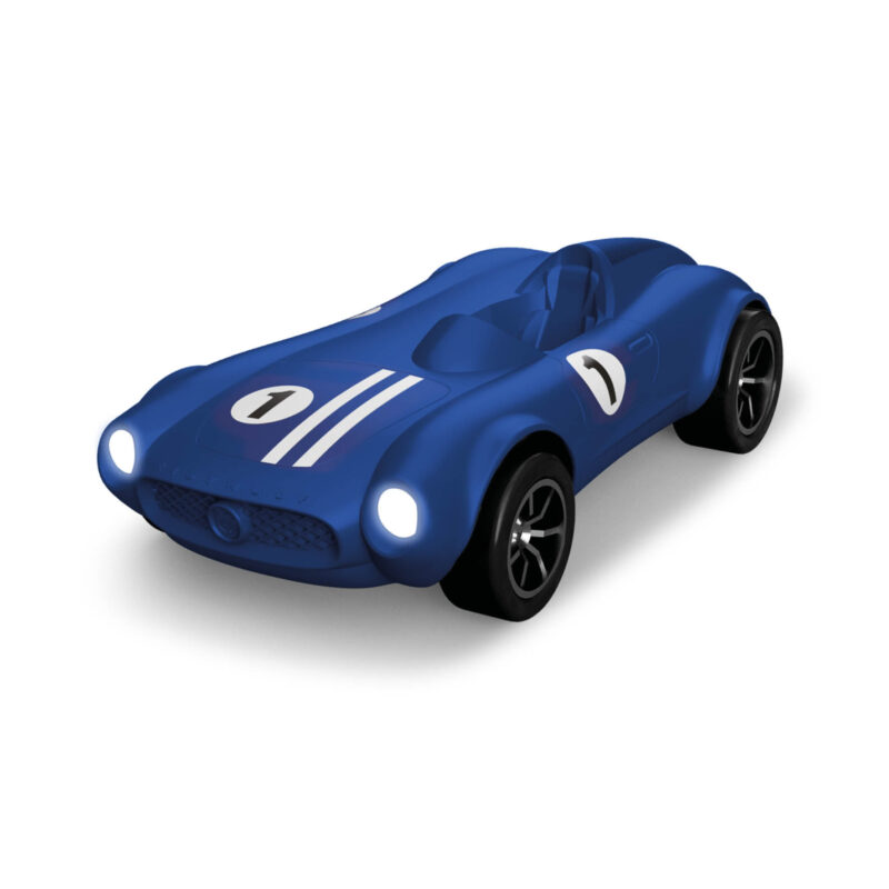 Voiture radiocommandée Kidycar bleue avec phares allumés et numéro un.
