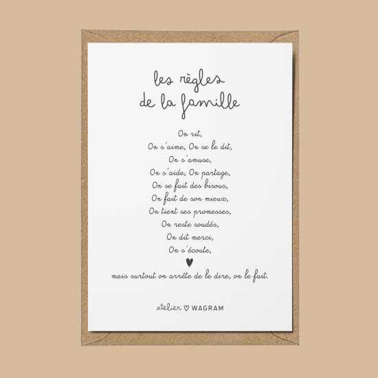 Carte Postale Les Règles de la Famille, texte inspirant, fond beige