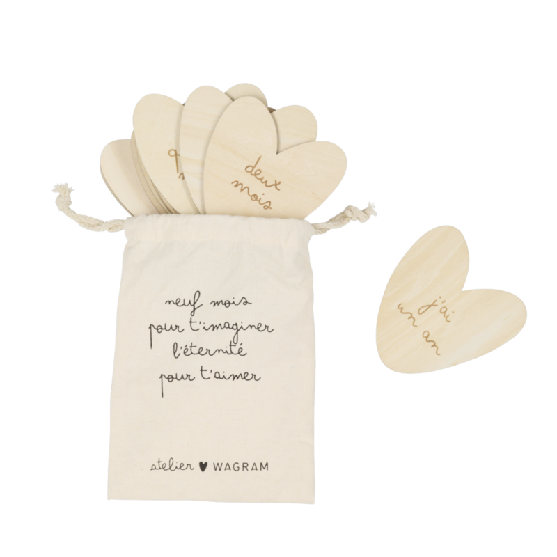 Cartes étapes en bois dans un sac en tissu, avec inscriptions mensuelles.