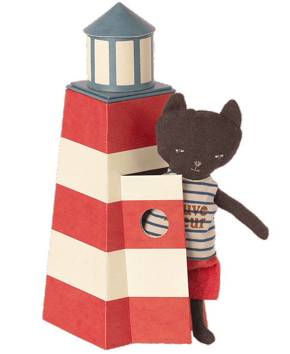 Sauveteur Chat et Phare Maileg : figurine chat avec phare rayé, jouet décoratif