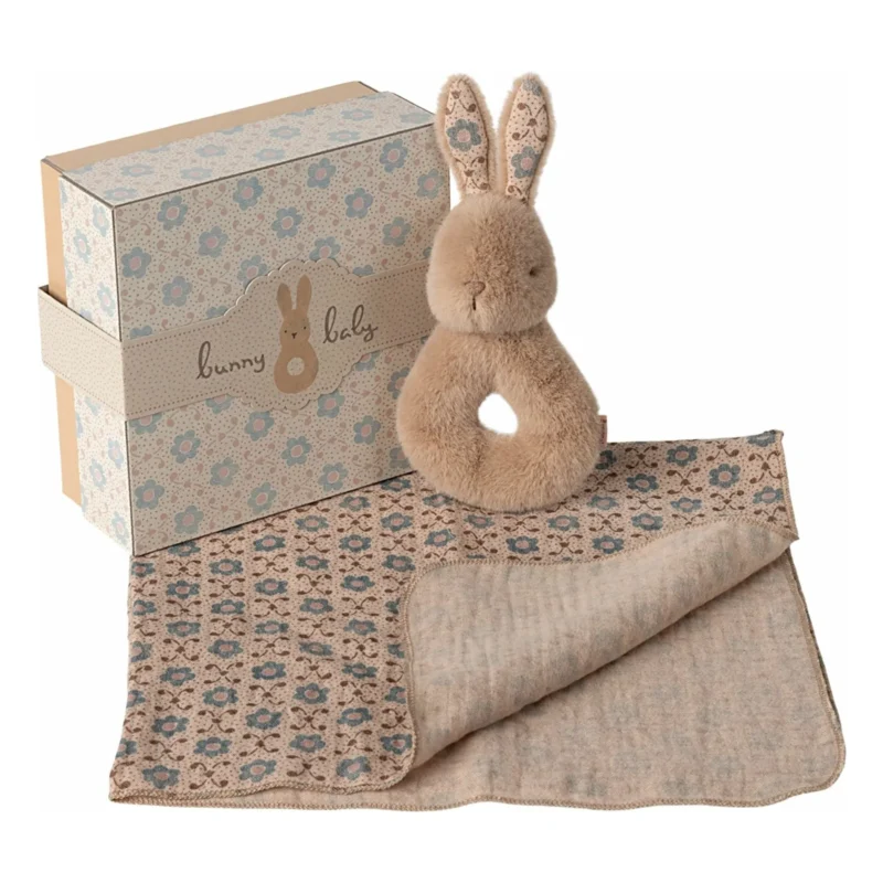 Coffret Hochet Lapin Crème & Pêche avec boîte décorative et couverture douce