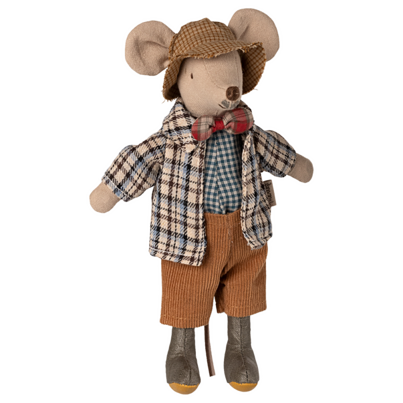 Grand-père Souris en peluche avec chapeau et vêtements à carreaux, jouet enfant