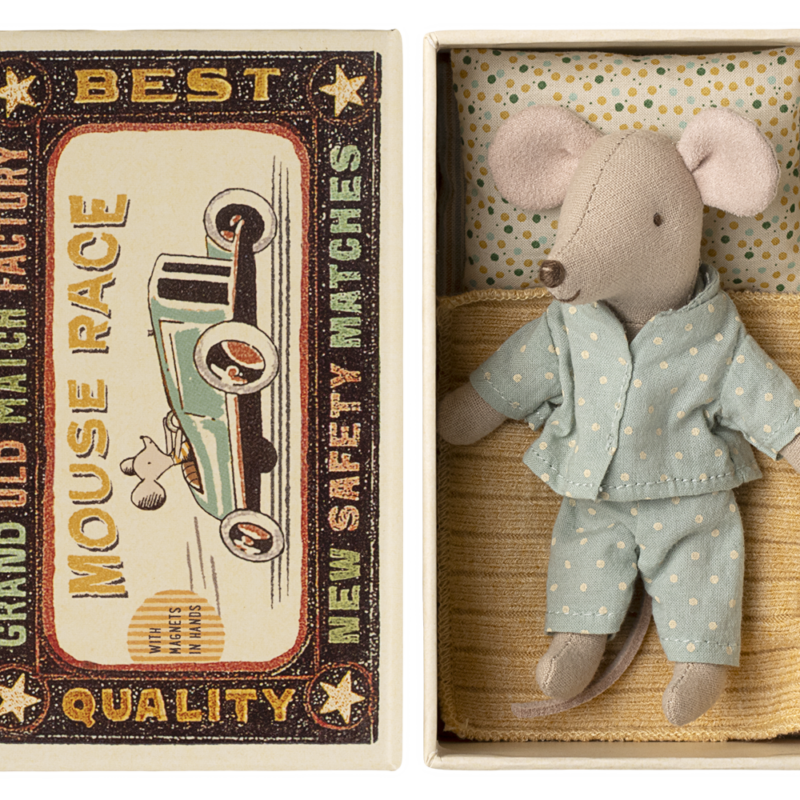 Petit frère souris dans sa boîte d'allumettes - Maileg, jouet en peluche avec pyjama