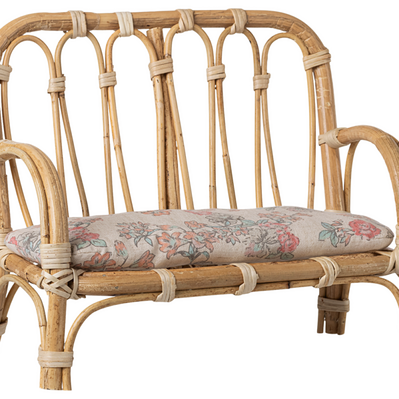 Banc en rotin Large - Nature, élégant et confortable, avec coussin floral.
