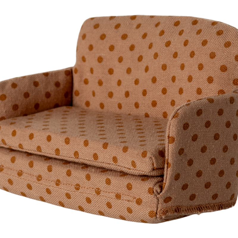 Canapé-lit Souris - A pois, petit canapé en tissu beige à motifs de pois marron.