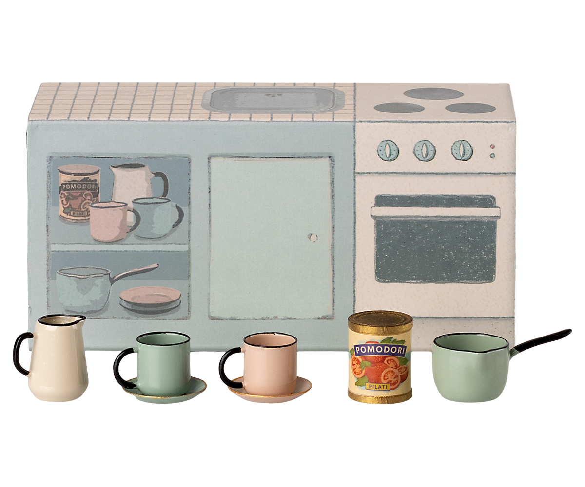 Comptoir de cuisine, Souris avec mugs et boîte de conserve, jouet miniature