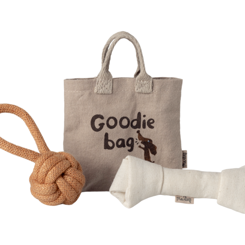 Jouets pour chien Maileg : sac en tissu avec balle en corde et os en tissu