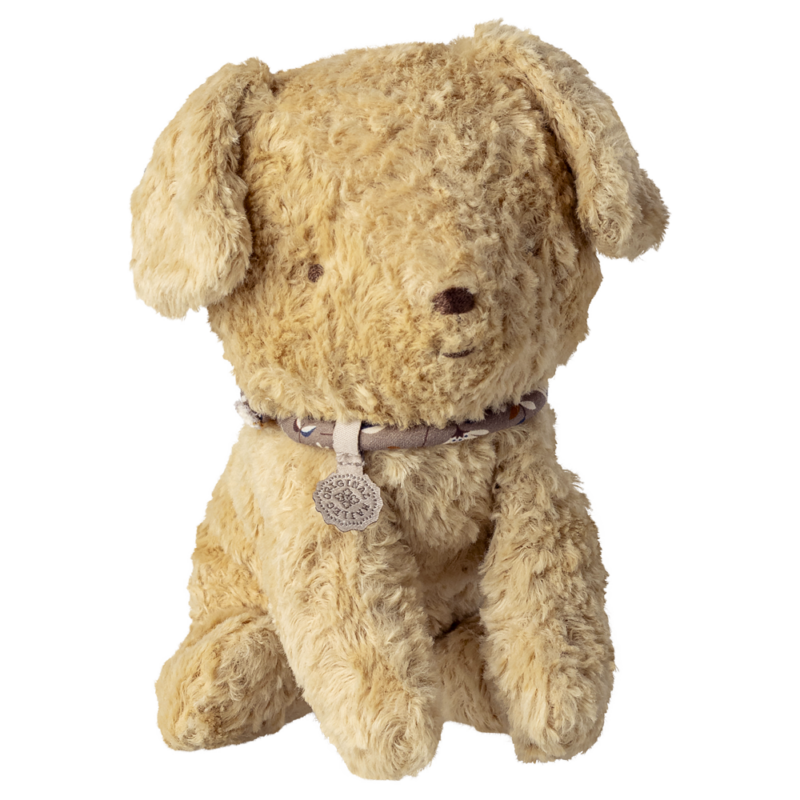 Chiot Petit - Sable Léger : peluche douce et câline en forme de chiot beige.