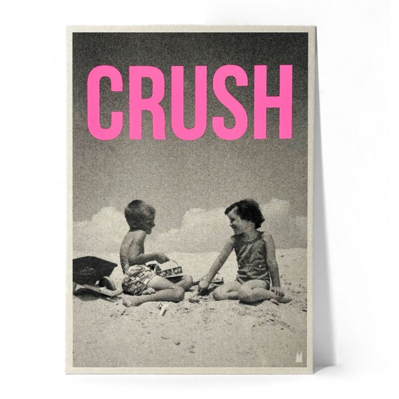 Carte 'Crush' - Sérigraphie Noire & Rose Fluo, enfants sur la plage