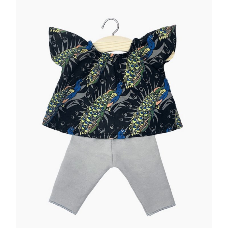 Habit poupée 34/37 cm - Ensemble top paons & legging gris, vêtement miniature