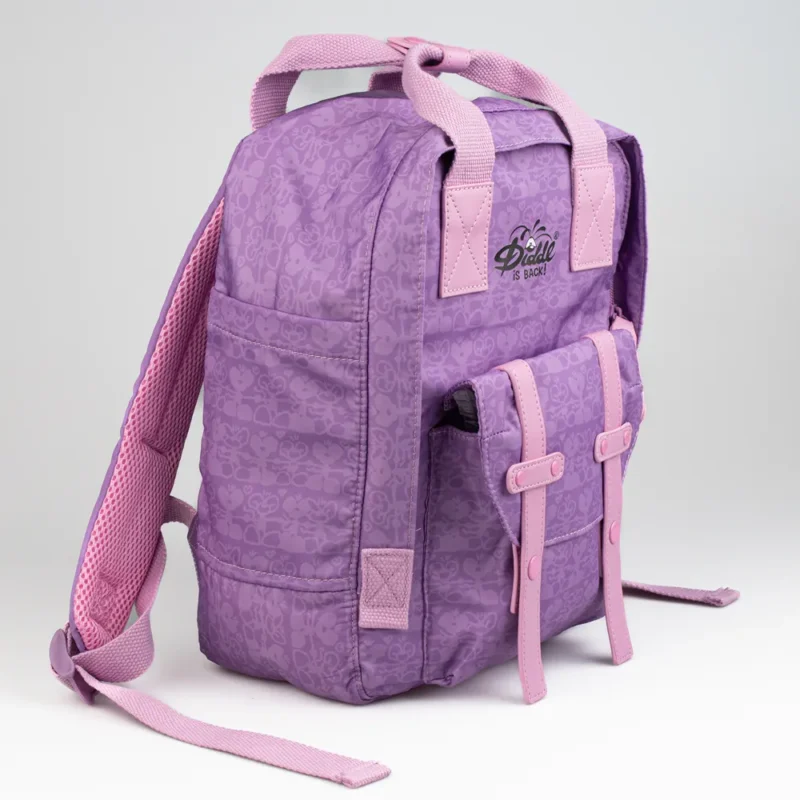 Sac à dos Diddl violet avec bretelles rembourrées et poche avant.