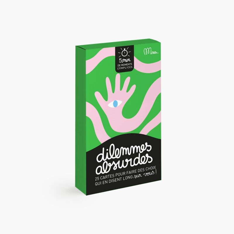 Dilemmes Absurdes : boîte de jeu colorée avec motifs ludiques, cartes