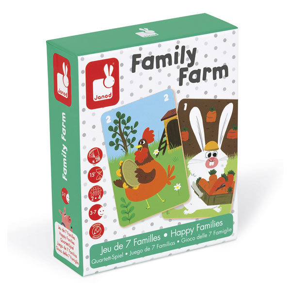 Family Farm : jeu de cartes coloré avec illustrations d'animaux de ferme.