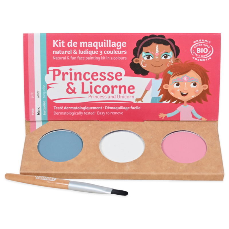 Kit de Maquillage 3 Couleurs Princesse et Licorne avec pinceau inclus, couleurs pastel
